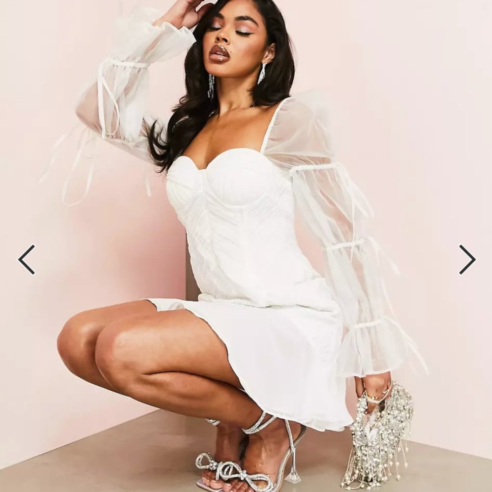 ruched mini dress with organza blouson sleeves and tie detail in white